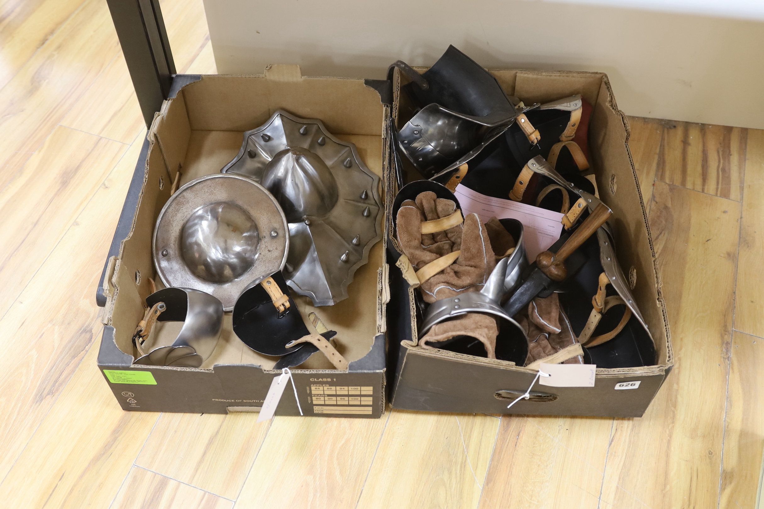 Items of re-enactment armour, two replica daggers and a pair of knives in sheaths